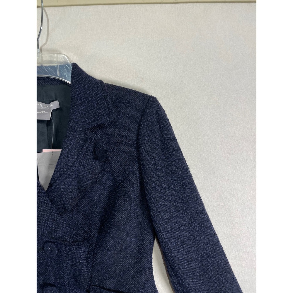 Ann Taylor Petites Navy Blue‎ Tweed Peplum Ruffle Blazer Jacket 00P NWT $198 - Picture 3 of 9